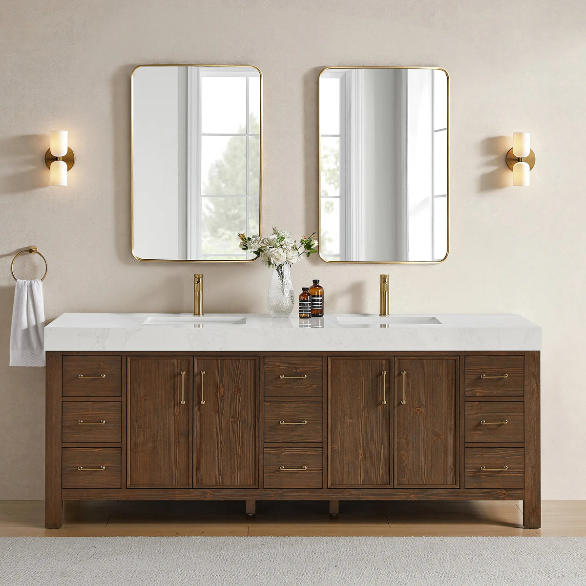 Staged view of the Spruce Aged Brown cabinet with two rectangular wall mirrors over it