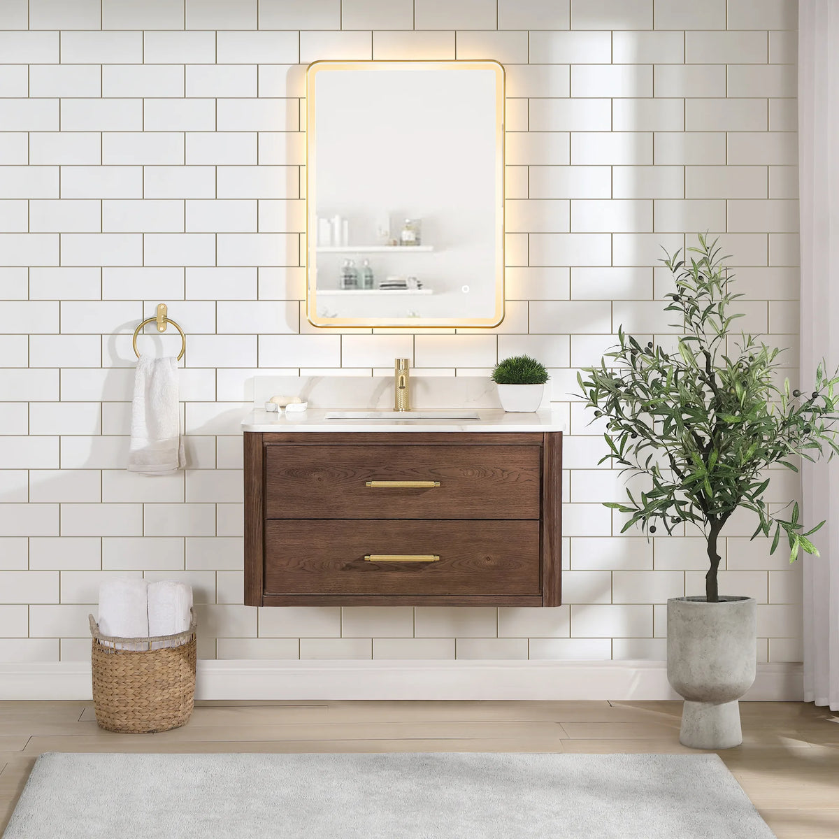 Straight-on view of the floating Aged Dark Brown Oak cabinet, white tile and a mirror overhead, 36-inch model