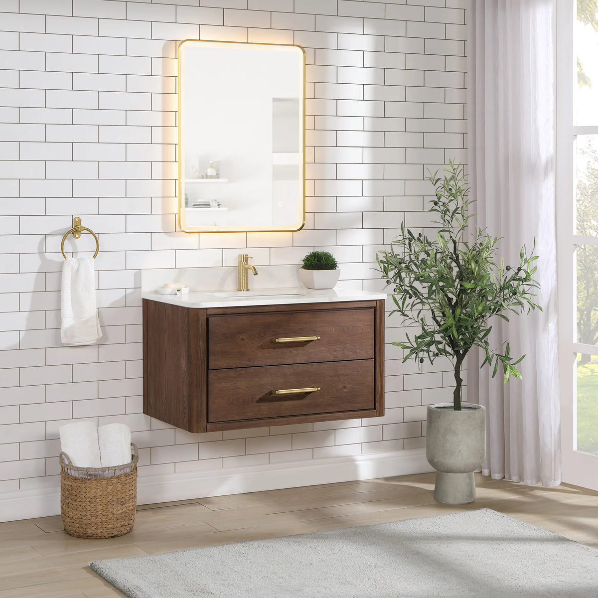Three-quarter view of the Aged Dark Brown Oak cabinet against white subway tile, 36-inch model