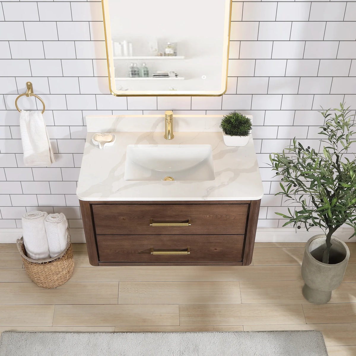 Raised view over the Aged Dark Brown Oak cabinet: quartz top, ceramic sink and brushed gold pulls, 36-inch model