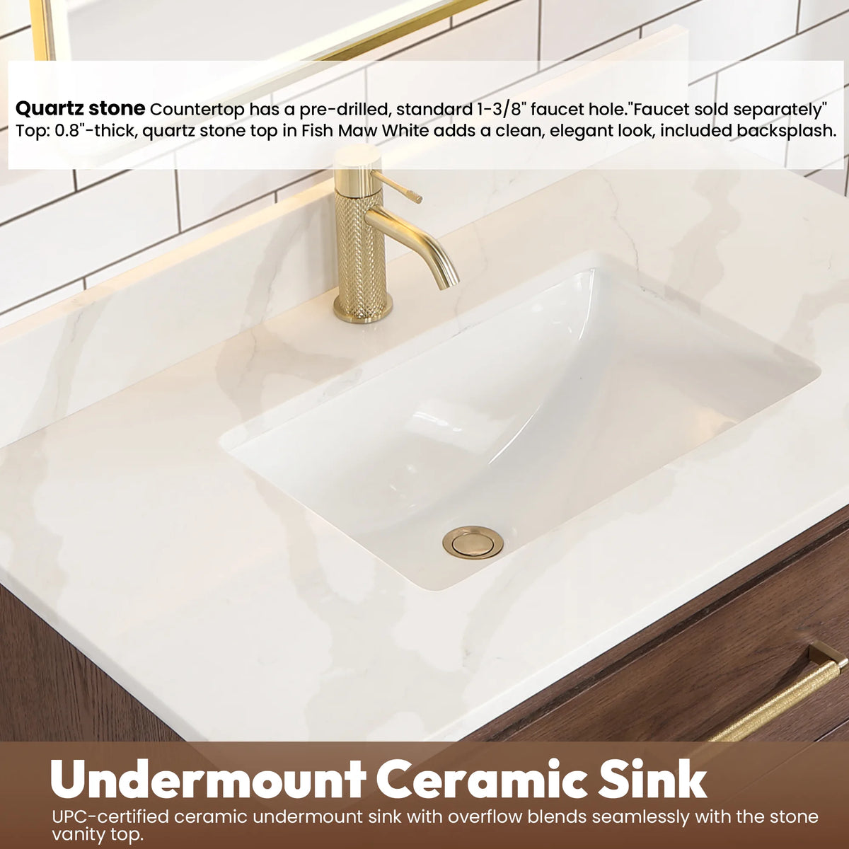 Quartz top and ceramic undermount sink, with a pre-drilled faucet hole, 36-inch Aged Dark Brown Oak model