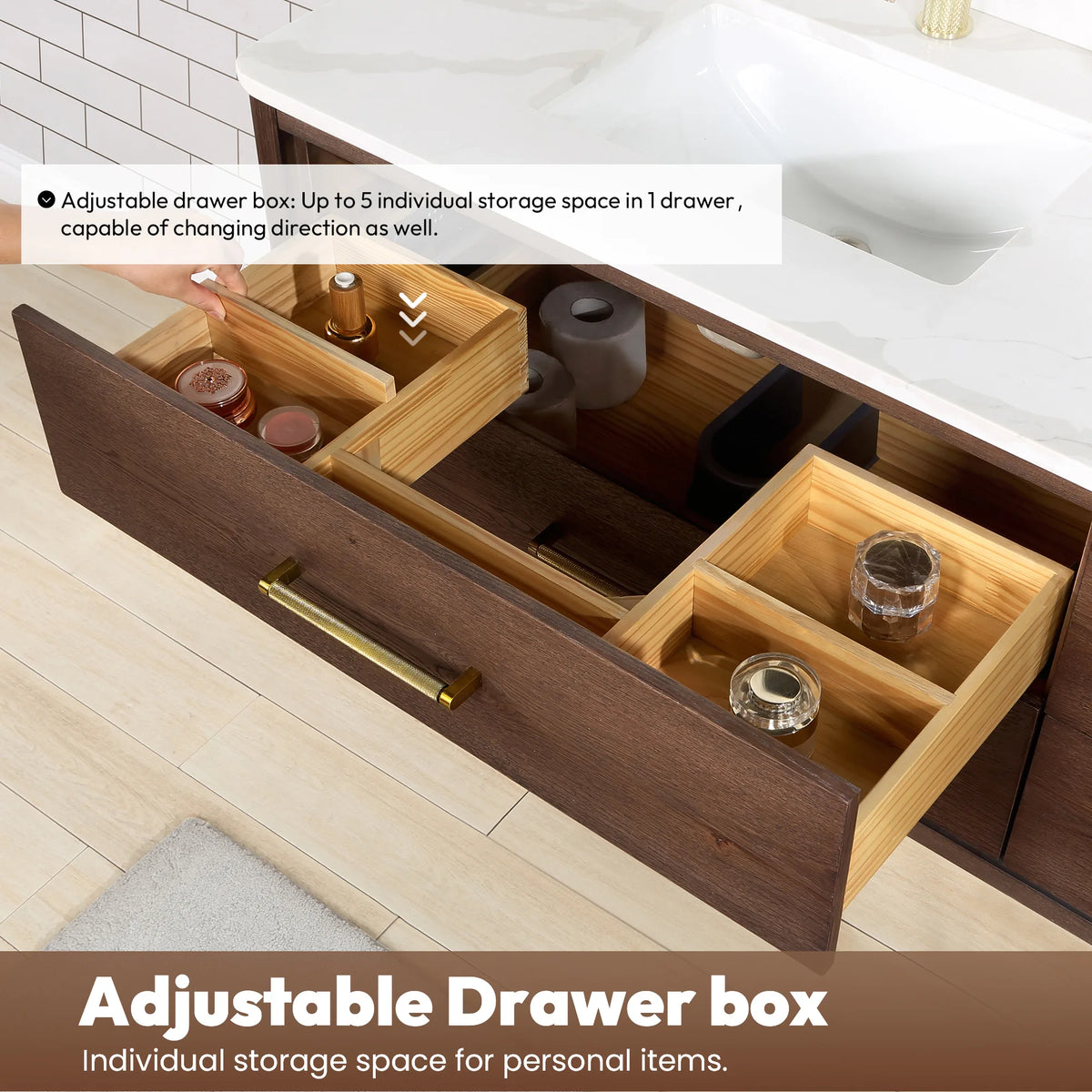 Drawer box feature shot: one drawer split into several adjustable storage spaces, 36-inch Aged Dark Brown Oak model