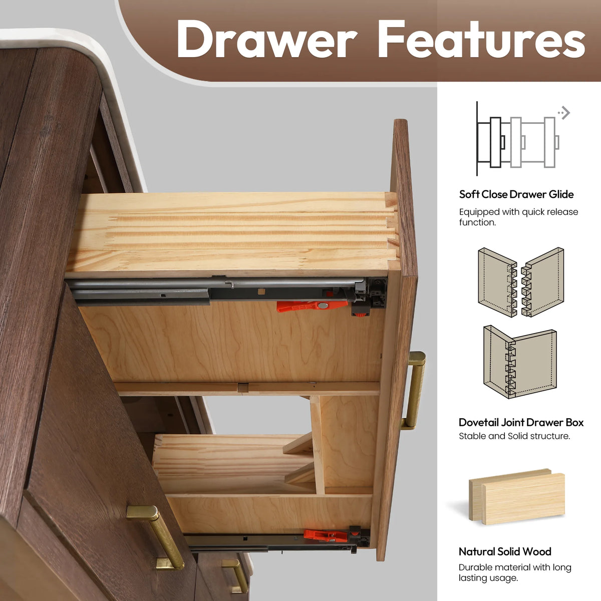 Open drawer on the 36-inch Aged Dark Brown Oak vanity showing soft-closing glides and a dovetail joint drawer box