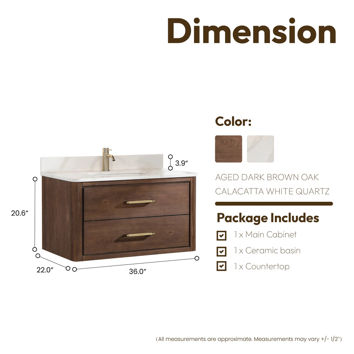 Measurement diagram, cabinet without mirror: 36 by 22 by 20.6 inches, Aged Dark Brown Oak model