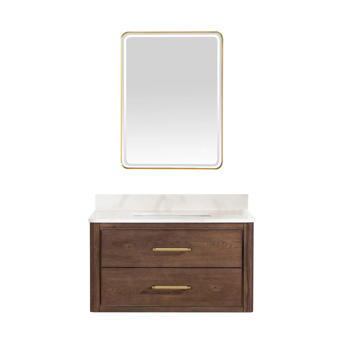 Studio shot pairing the floating Aged Dark Brown Oak cabinet with its mirror and quartz top, 36-inch model