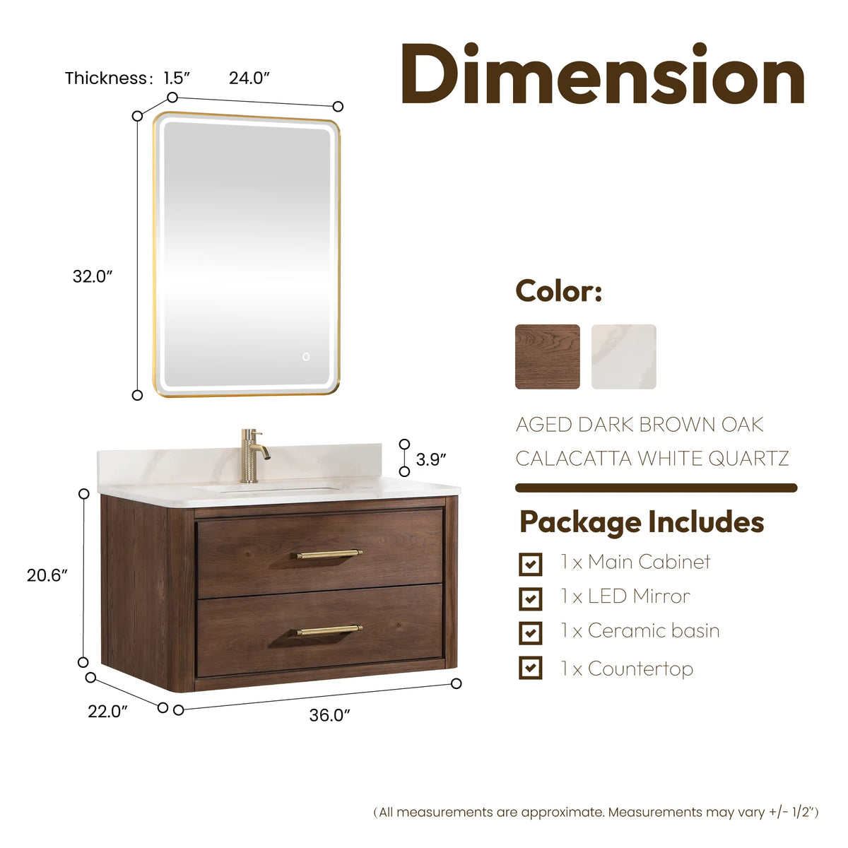 Measurement diagram of the 36-inch cabinet with mirror included, 20.6 inches tall, Aged Dark Brown Oak model