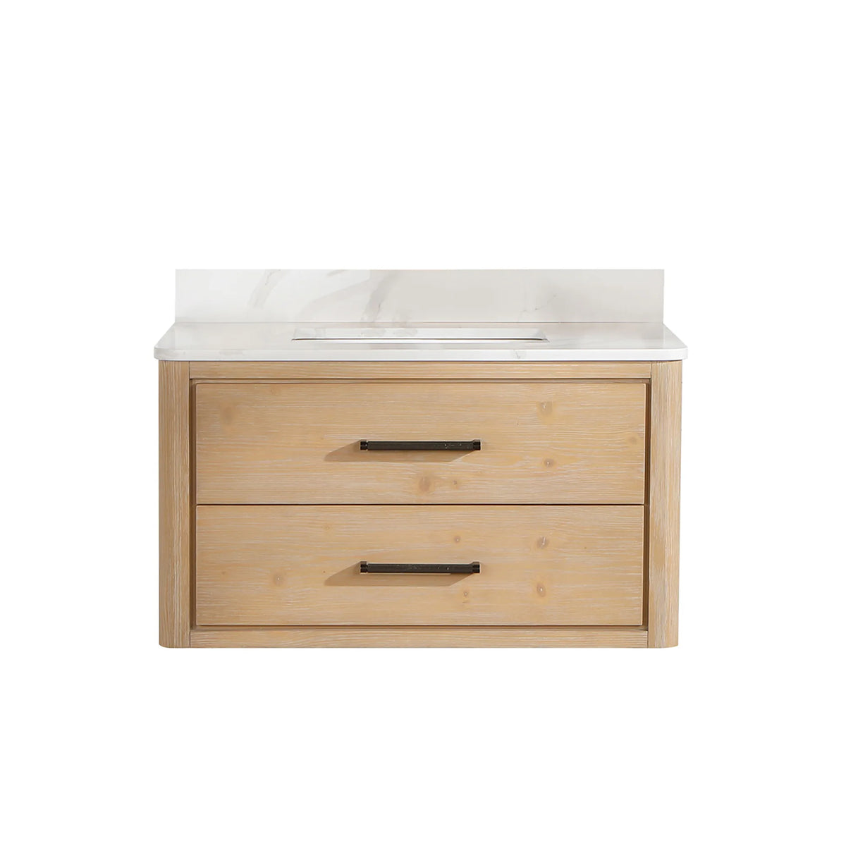 Floating Fir Wood Brown 36-inch single bathroom vanity, matte black pulls, white quartz top