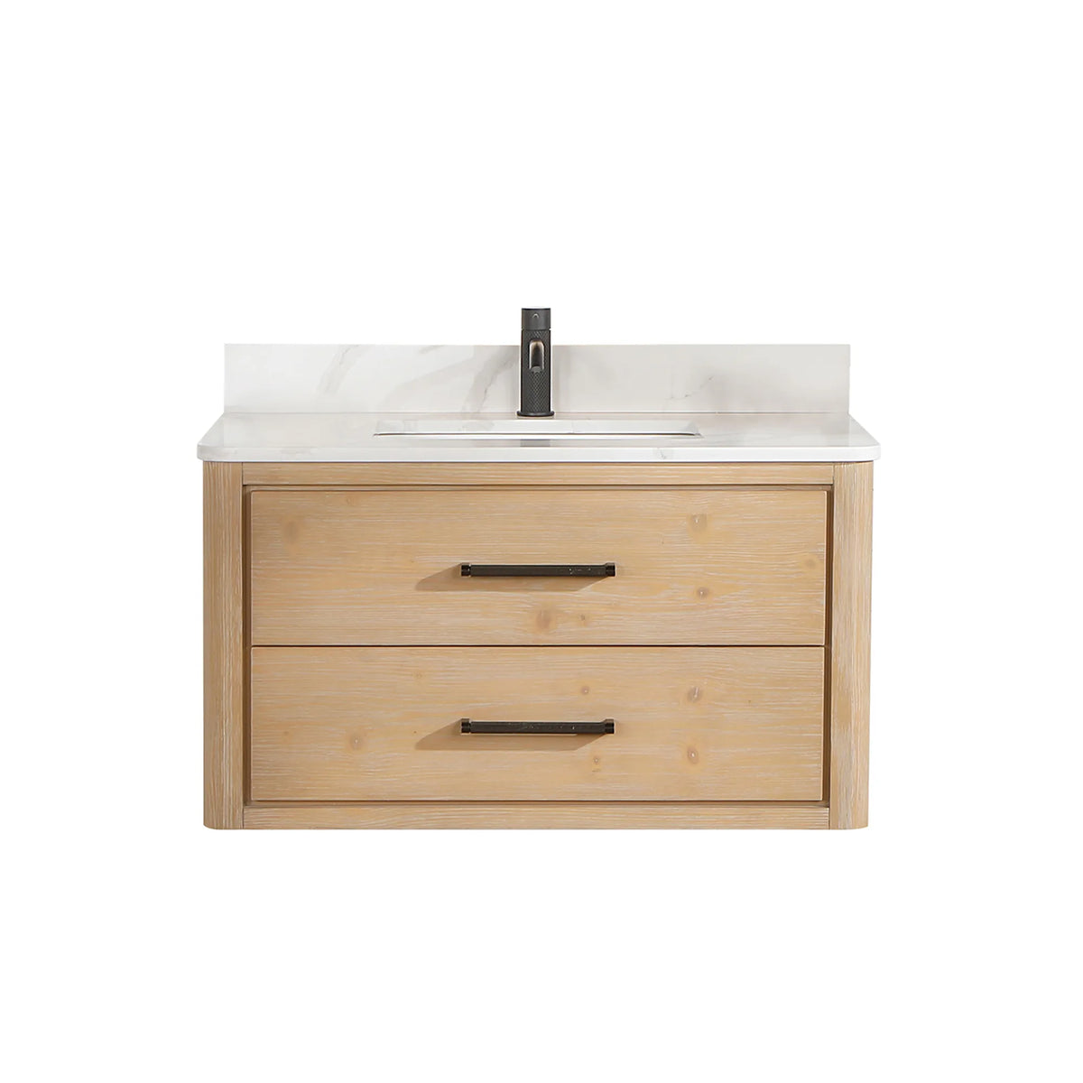 Floating Fir Wood Brown drawer cabinet, quartz top and matte black handles, shown without a mirror, 36-inch model