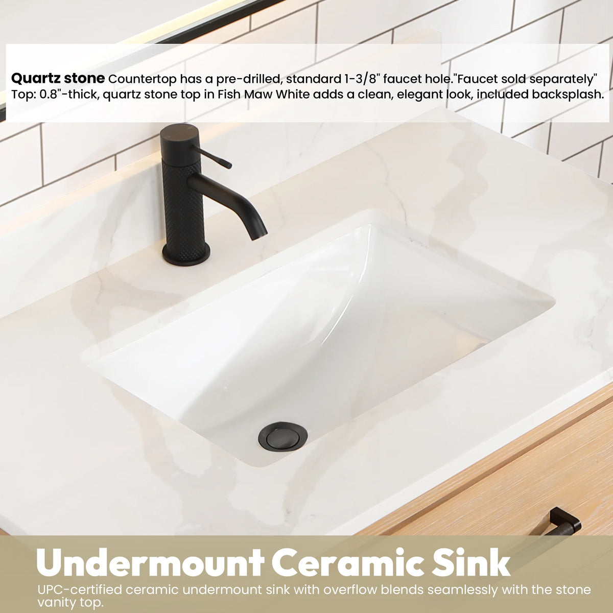 Quartz top and ceramic undermount sink, with a pre-drilled faucet hole, 36-inch Fir Wood Brown model