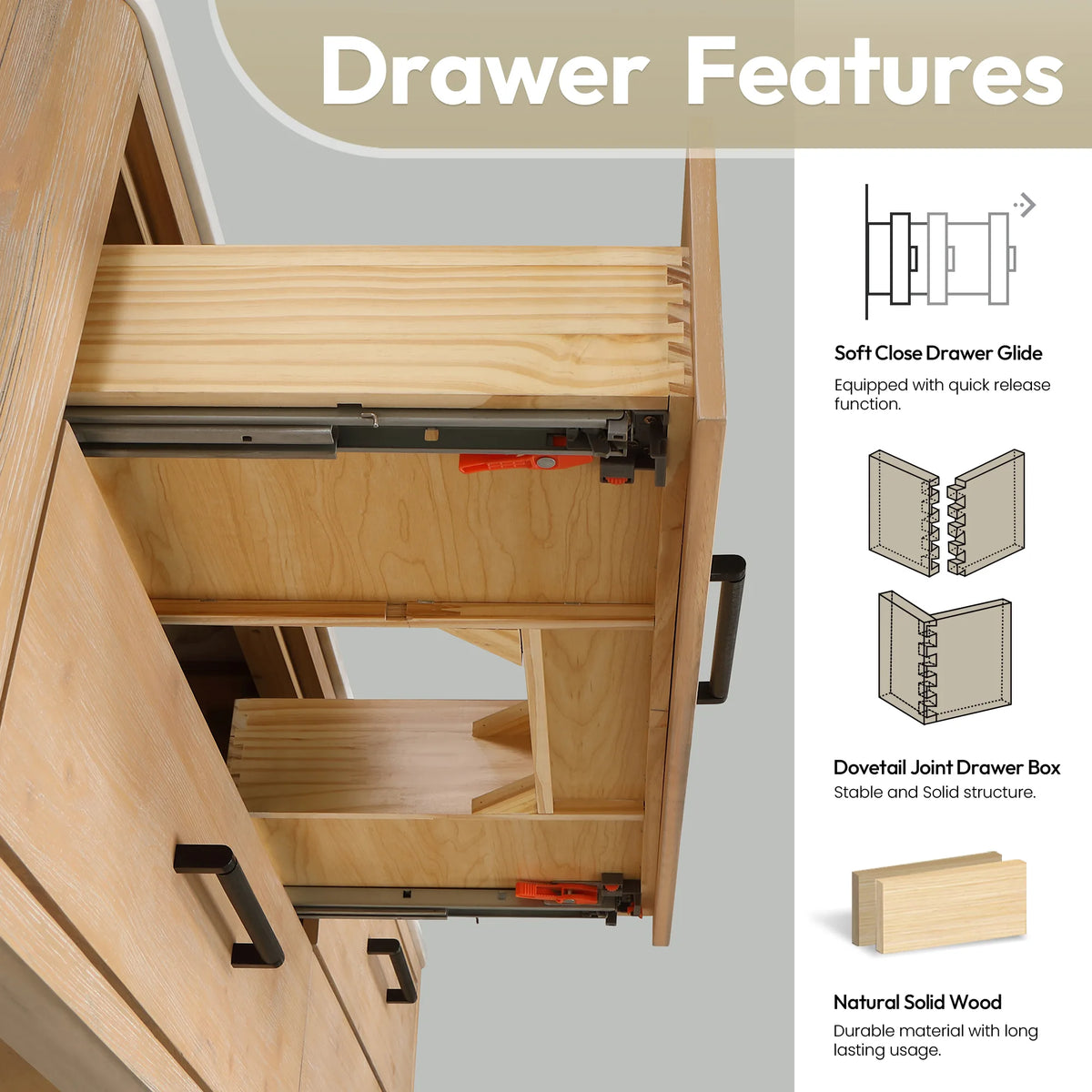 Open drawer on the 36-inch Fir Wood Brown vanity showing soft-closing glides and a dovetail joint drawer box