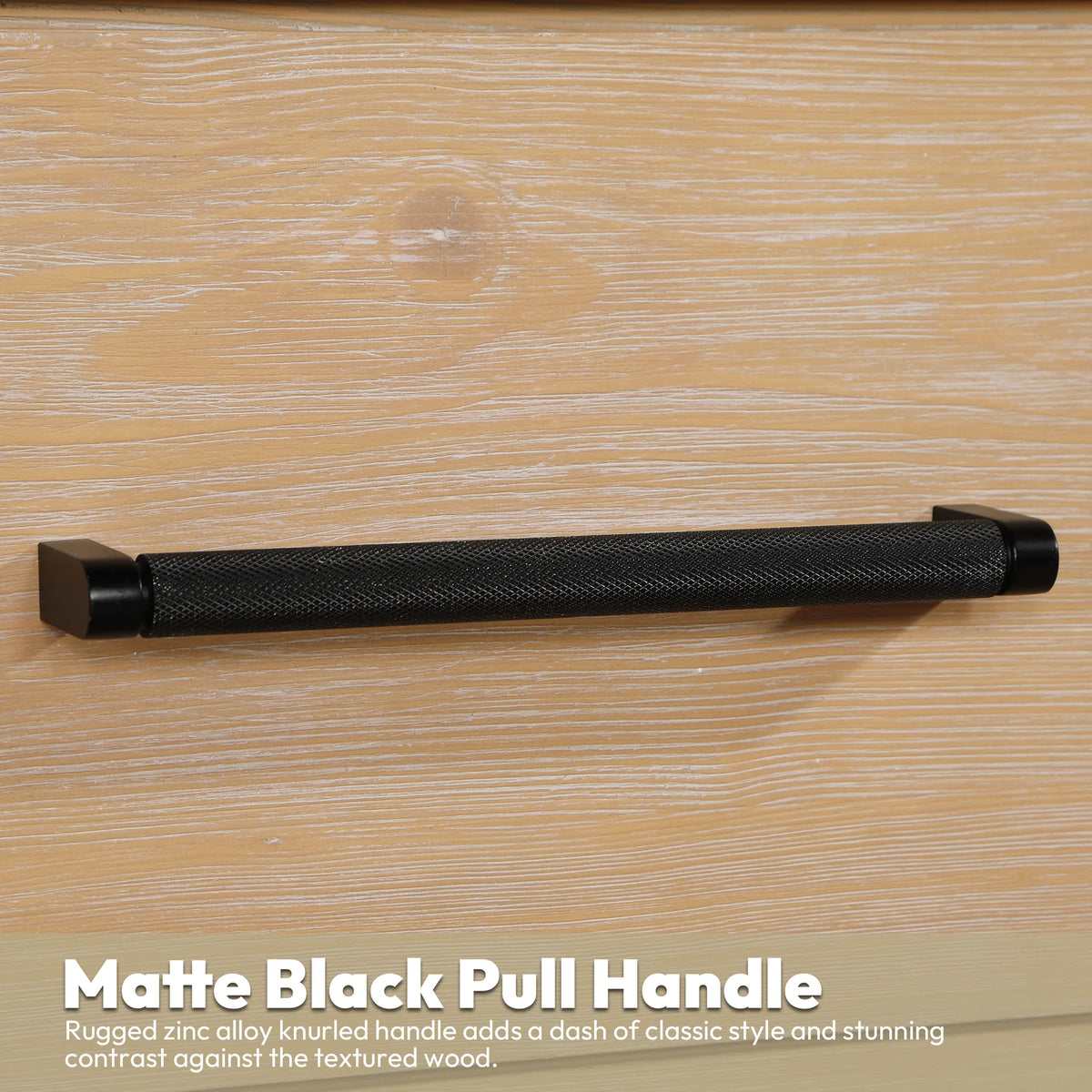 Zinc alloy pull in matte black with a knurled grip, on a Fir Wood Brown drawer front, 36-inch model