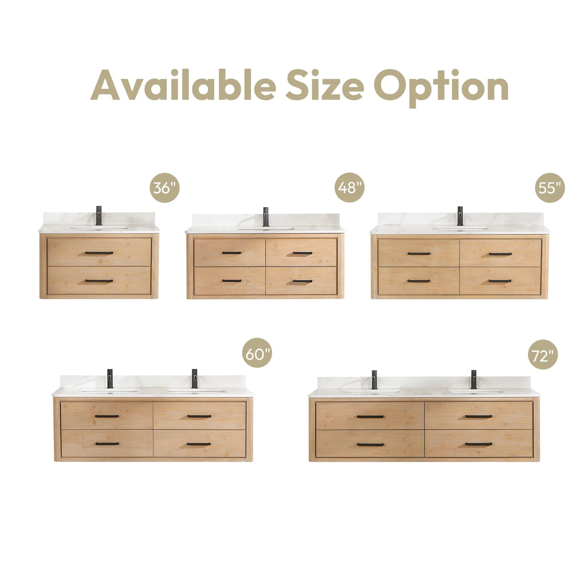 Size options chart: floating Fir Wood Brown vanities in a row, each marked with its width label