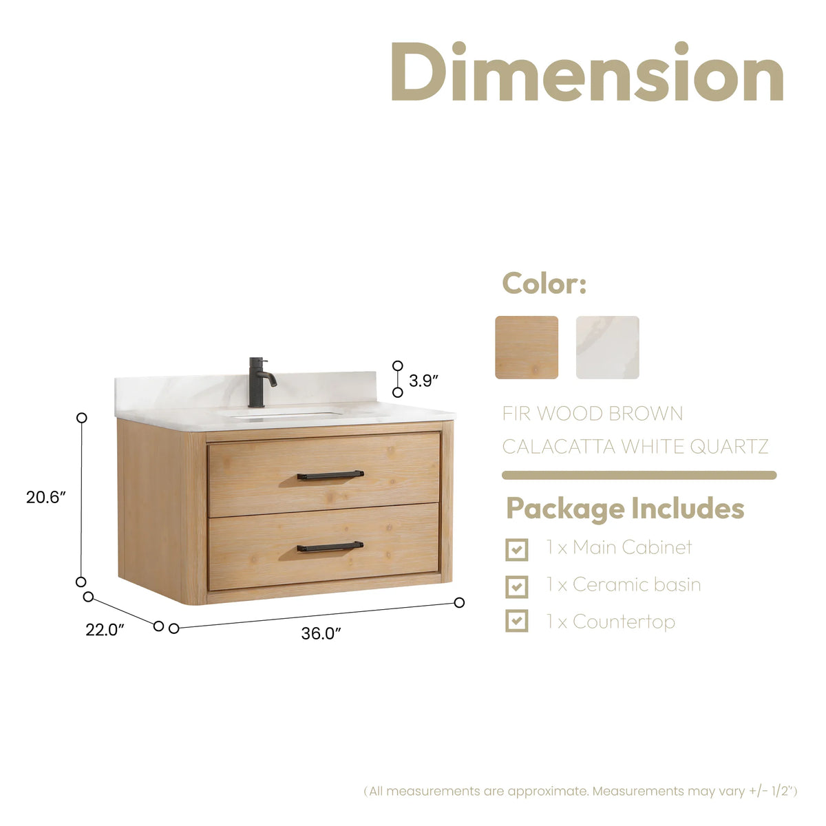 Measurement diagram, cabinet without mirror: 36 by 22 by 20.6 inches, Fir Wood Brown model