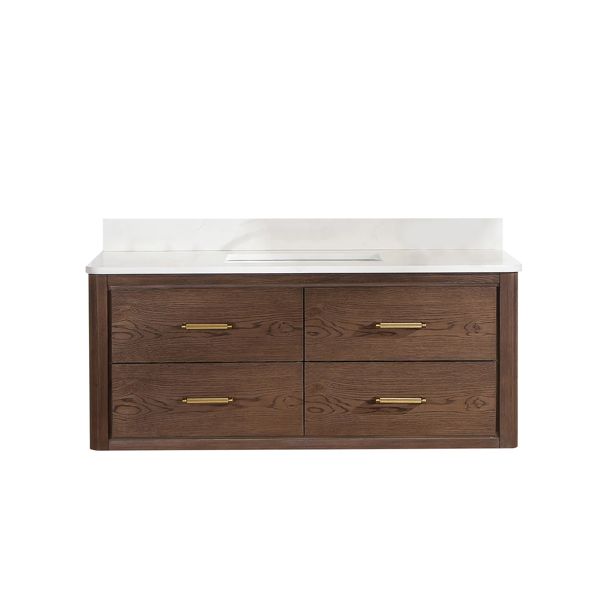 Floating Aged Dark Brown Oak 48-inch single bathroom vanity, brushed gold pulls, white quartz top