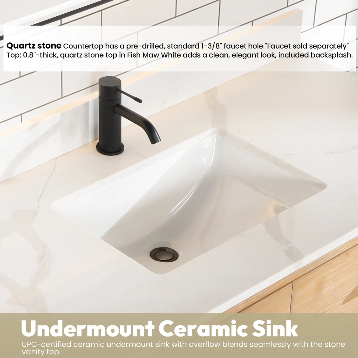 Quartz top and ceramic undermount sink, with a pre-drilled faucet hole, 48-inch Fir Wood Brown model