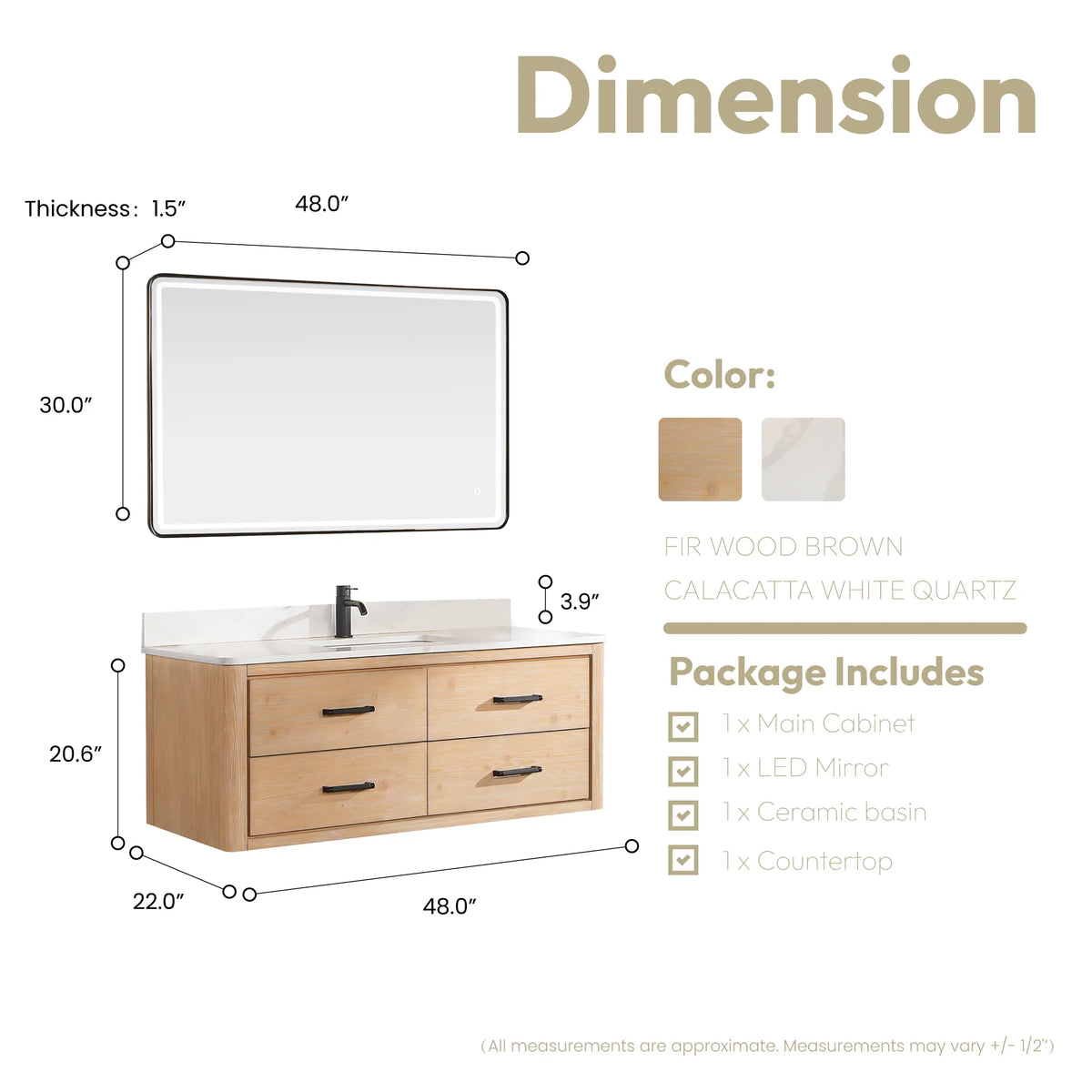 Measurement diagram of the 48-inch cabinet with mirror included, 20.6 inches tall, Fir Wood Brown model