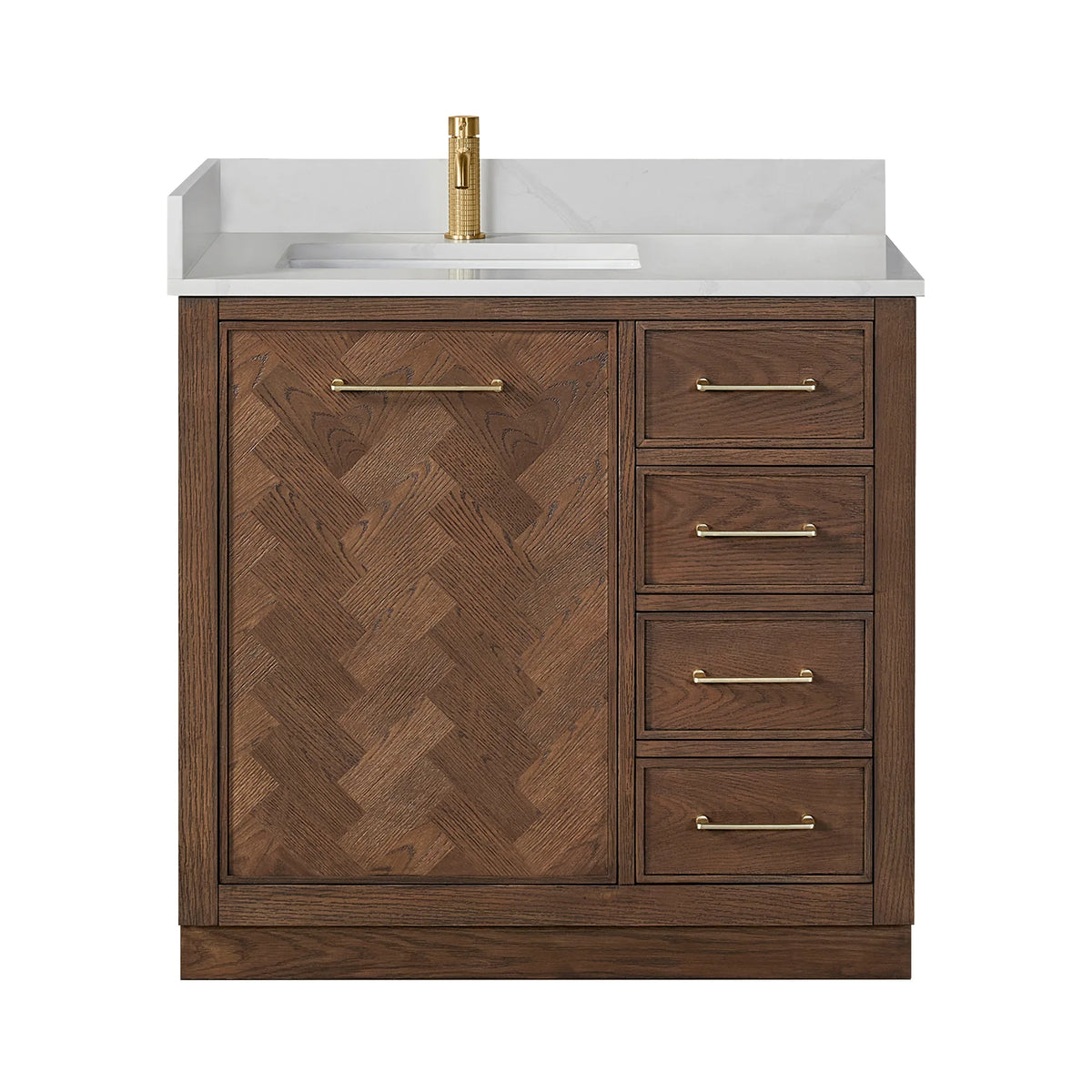Studio view of the 36-inch single vanity with its quartz top; the faucet pictured is sold apart