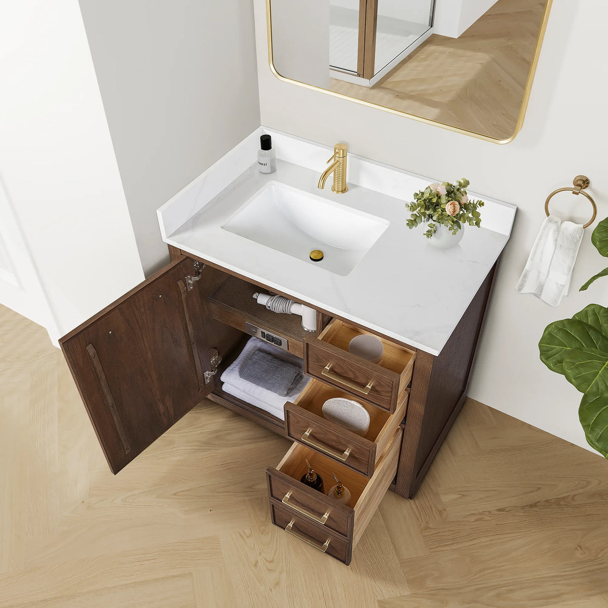 Open cabinet showing the door's inner shelf and a stack of open drawers on the 36-inch Aged Dark Brown Oak vanity