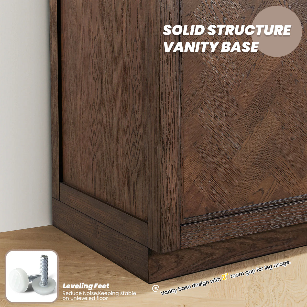 Solid vanity base detail on the 36-inch Aged Dark Brown Oak cabinet, with a small adjustable leveling foot shown