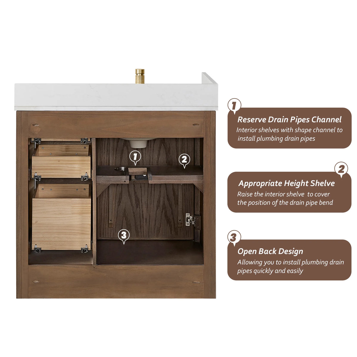 Interior view for drain pipes: a cut-out shelf, a drawer box on the left and an open back panel