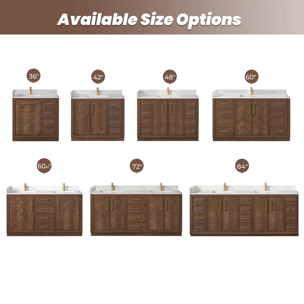 Size options graphic with the vanities of this Aged Dark Brown Oak line in two rows, each labeled with its width