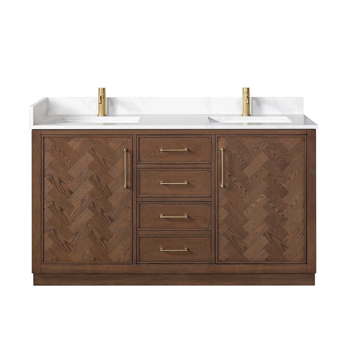 Straight-on studio shot of the 60-inch double vanity with doors flanking a drawer stack; faucets pictured are separate