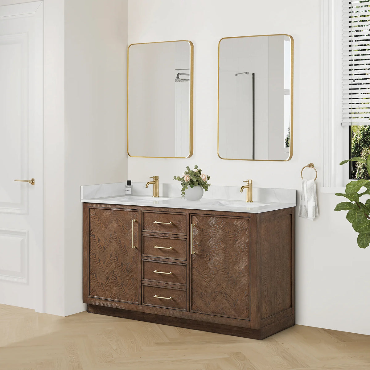 Wide room view of the 60-inch Aged Dark Brown Oak double vanity under two gold mirrors, with a plant on the counter