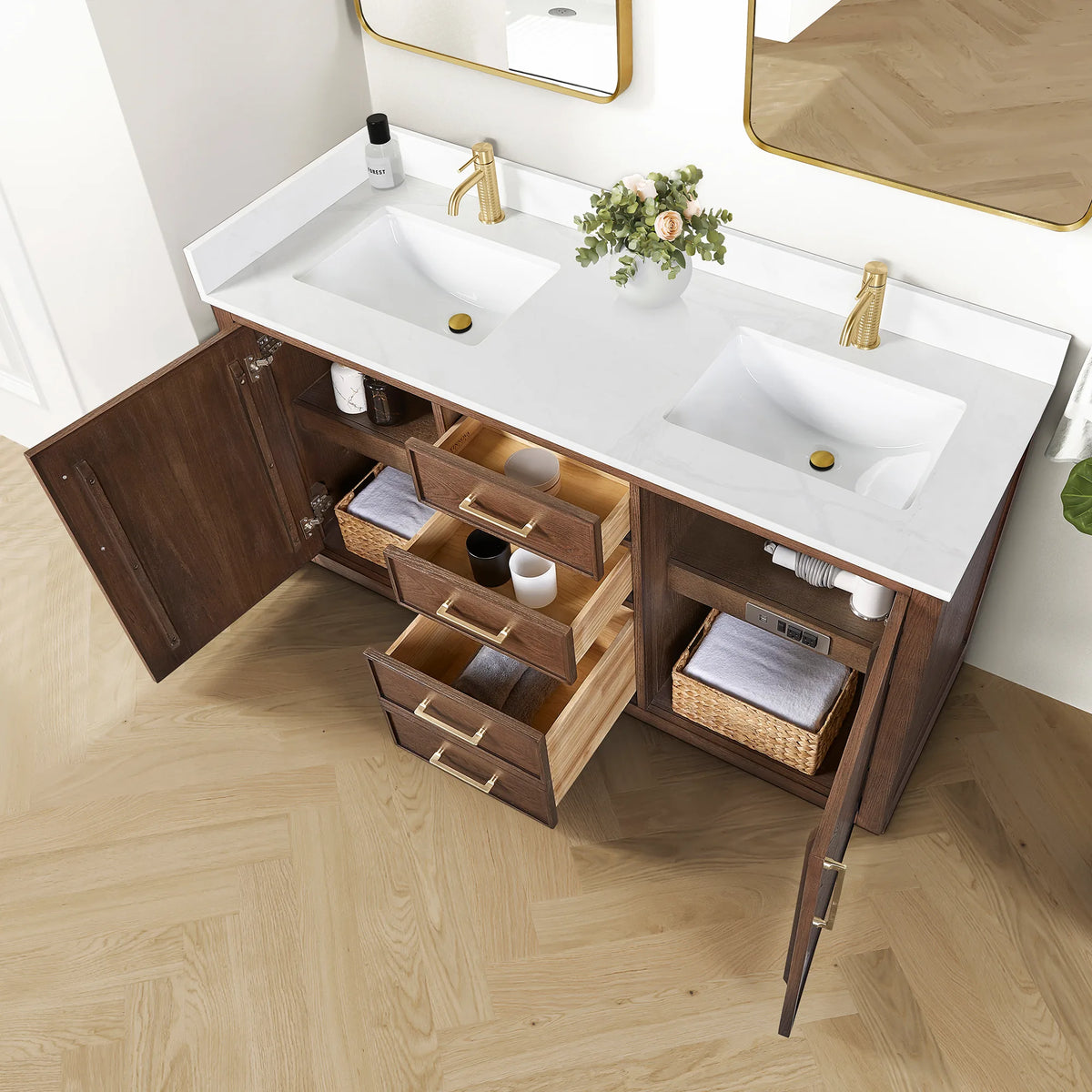 Open storage on the 60-inch double: a swung door and pulled-out drawers, with a woven basket beside the basin