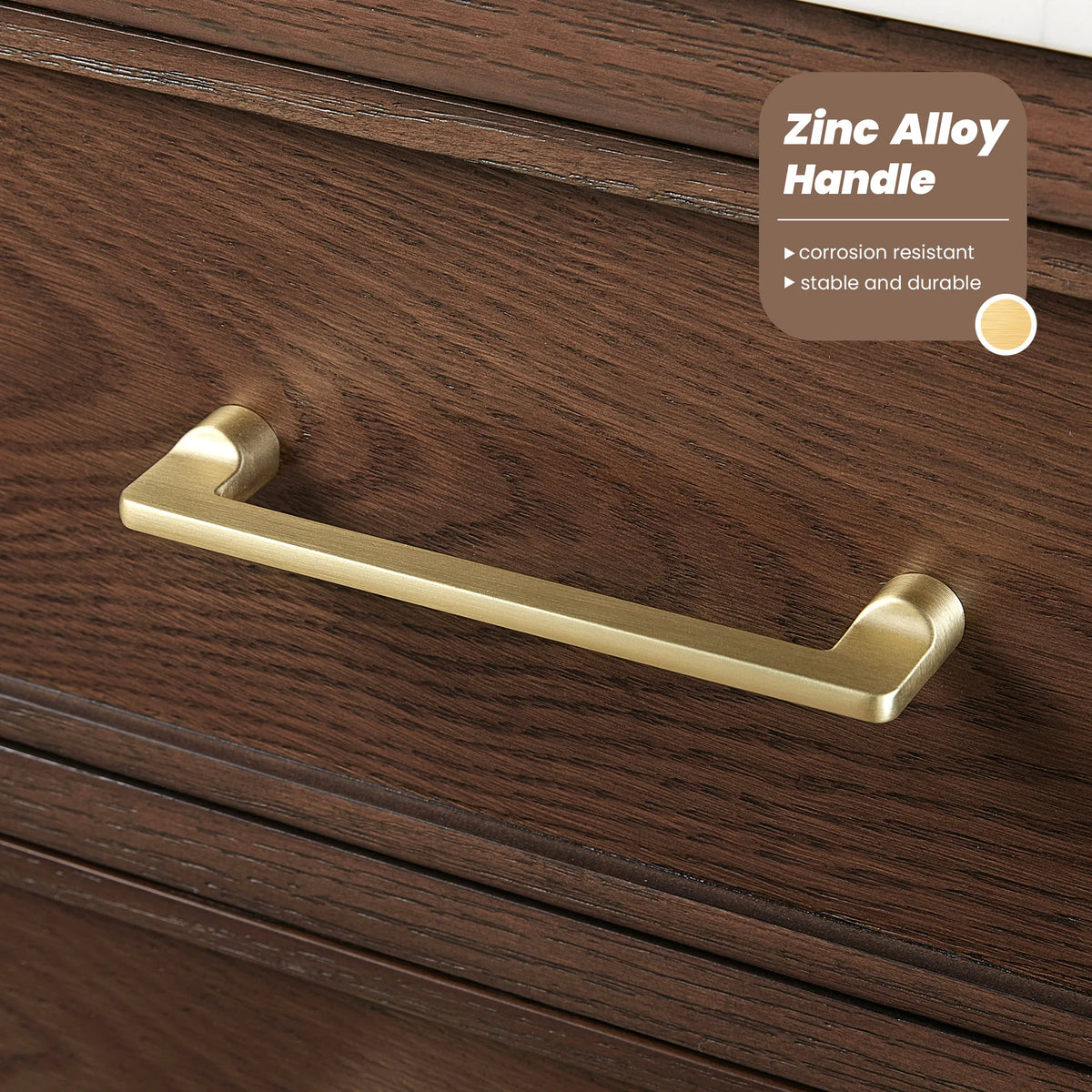 Slim metal handle in close view, noted as corrosion resistant, on the 60-inch double's wood grain