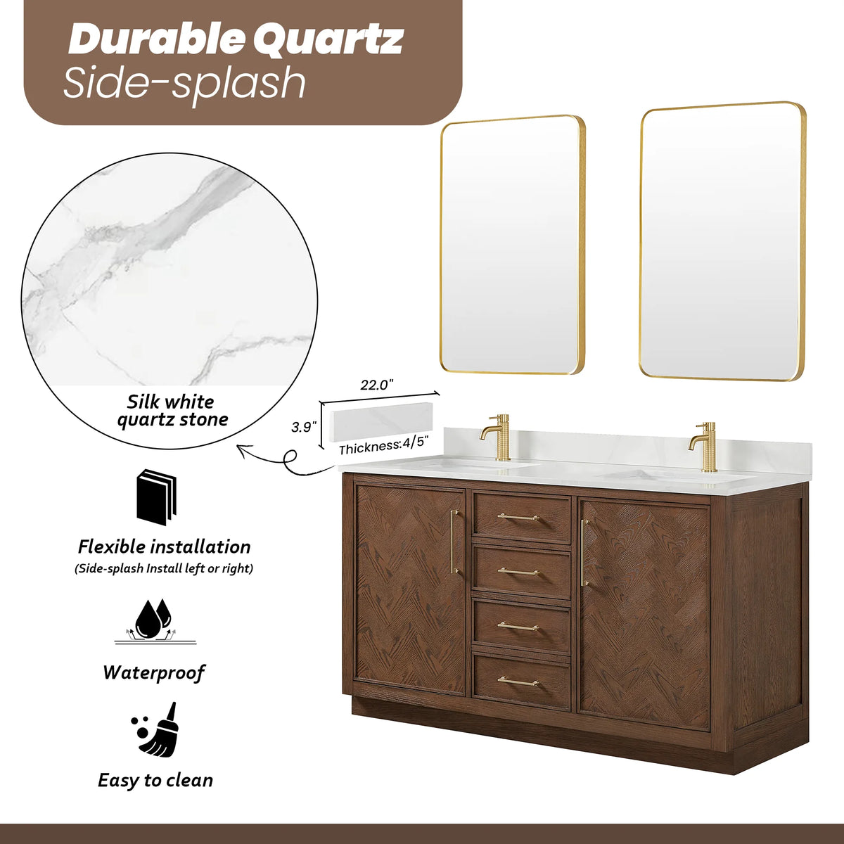 Silk White Quartz swatch and side-splash piece beside the 60-inch double, with two gold mirrors above