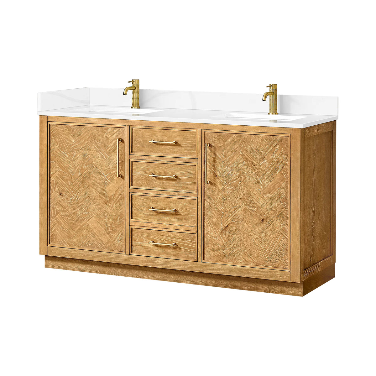 Three-quarter studio shot of the 60-inch double with Brushed Gold pulls; the faucets pictured are sold apart