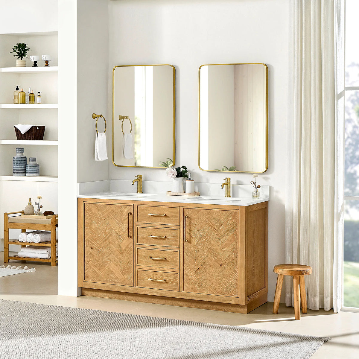 Room view of the 60-inch Oak Natural Brown double vanity, a towel ring and a window with sheer curtains beside it