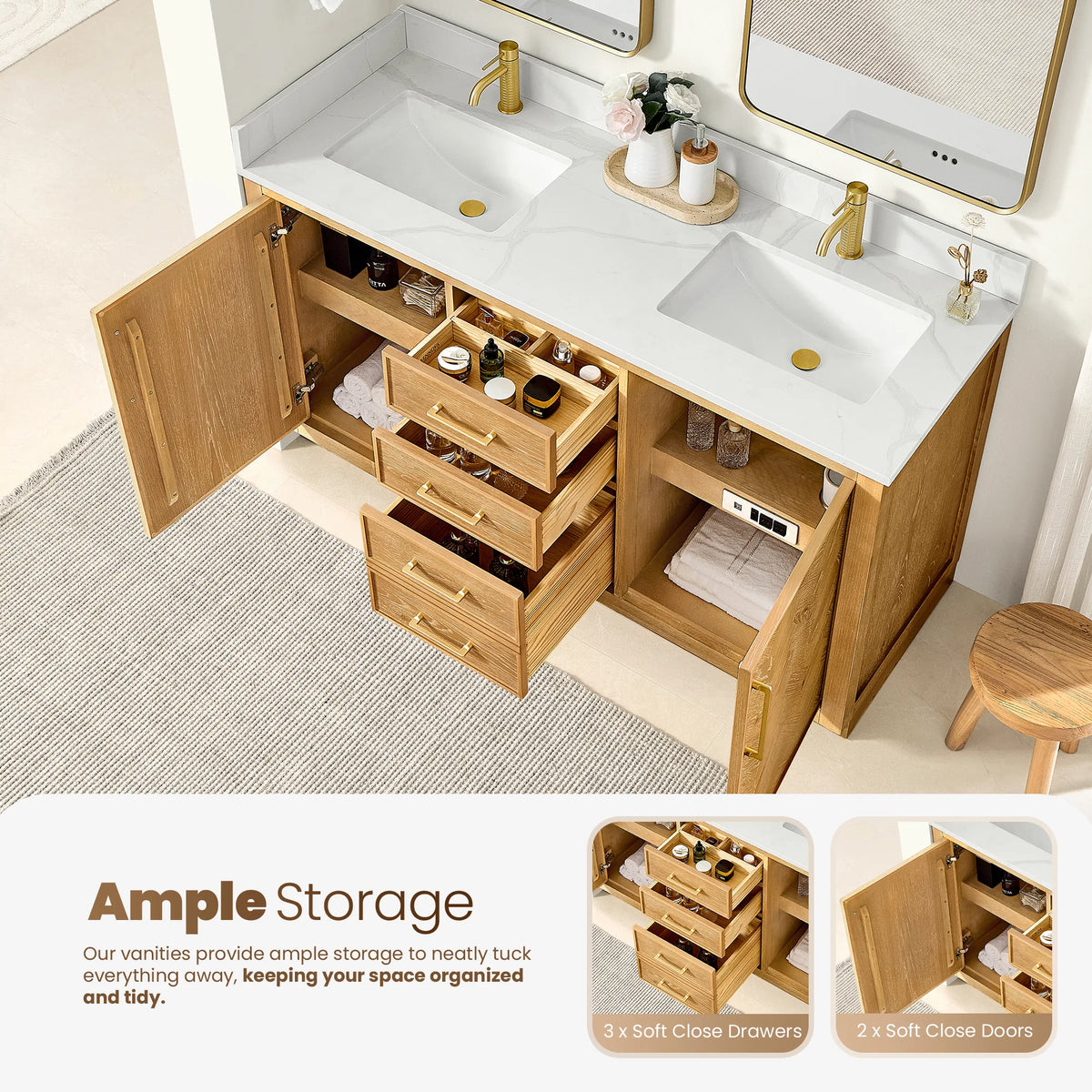 Open storage on the 60-inch double: swung doors and a drawer stack pulled out, plus two small storage insets