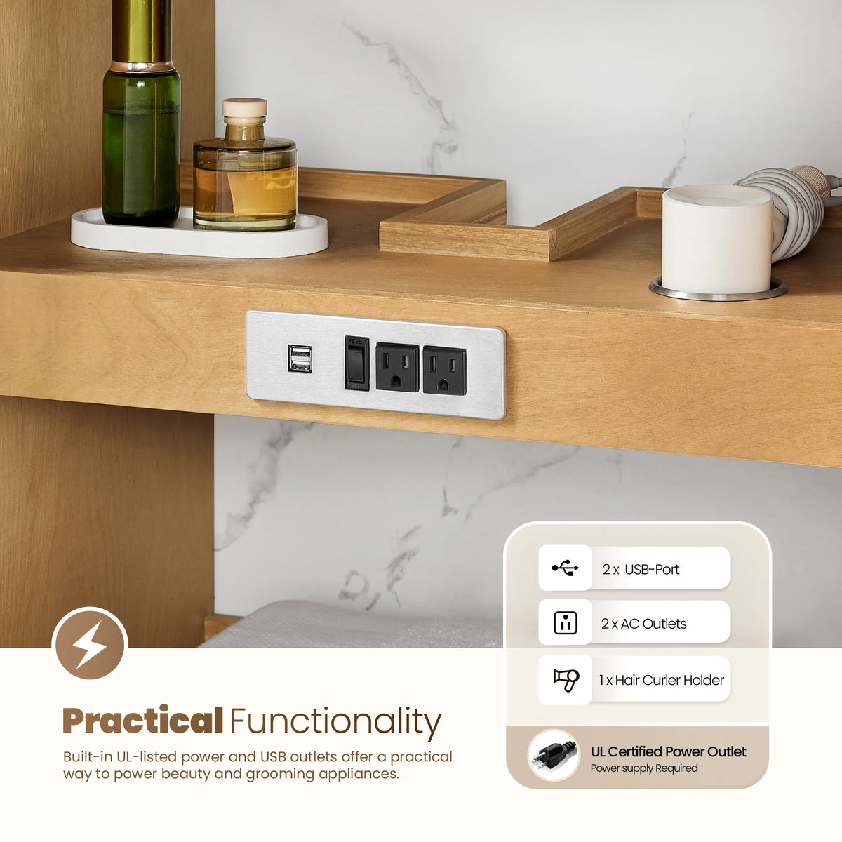 Practical functionality callout for the 60-inch double, showing the built-in UL-listed power and USB outlets set into wood