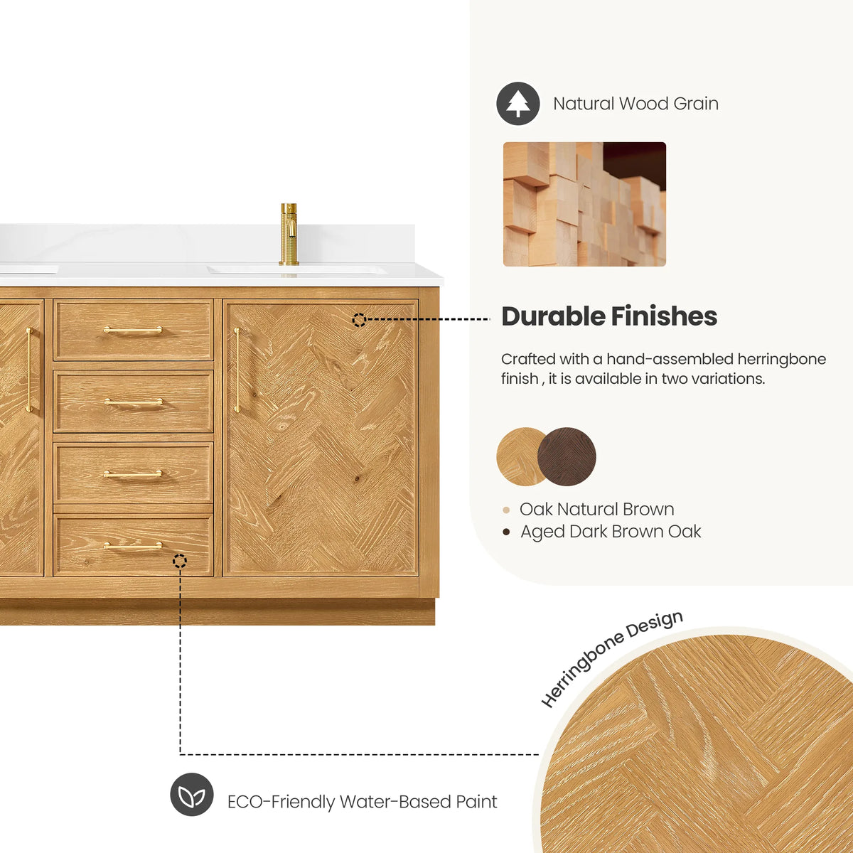 Durable finishes graphic with a close pattern view and Oak Natural Brown named among two options