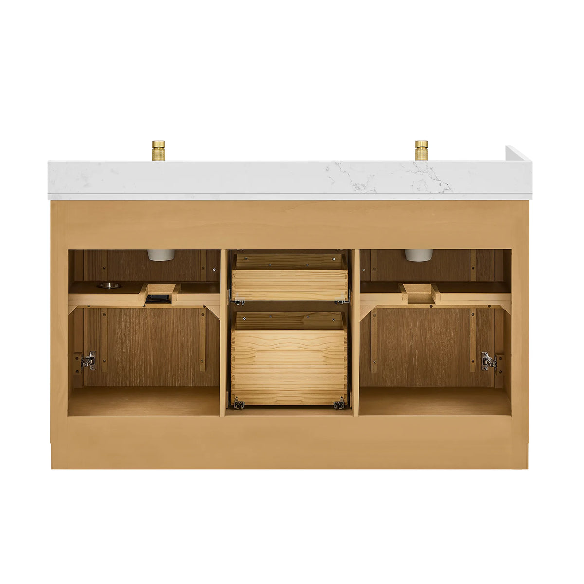 Interior view of the 60-inch double with the doors removed: open side compartments for the drains and a center drawer stack
