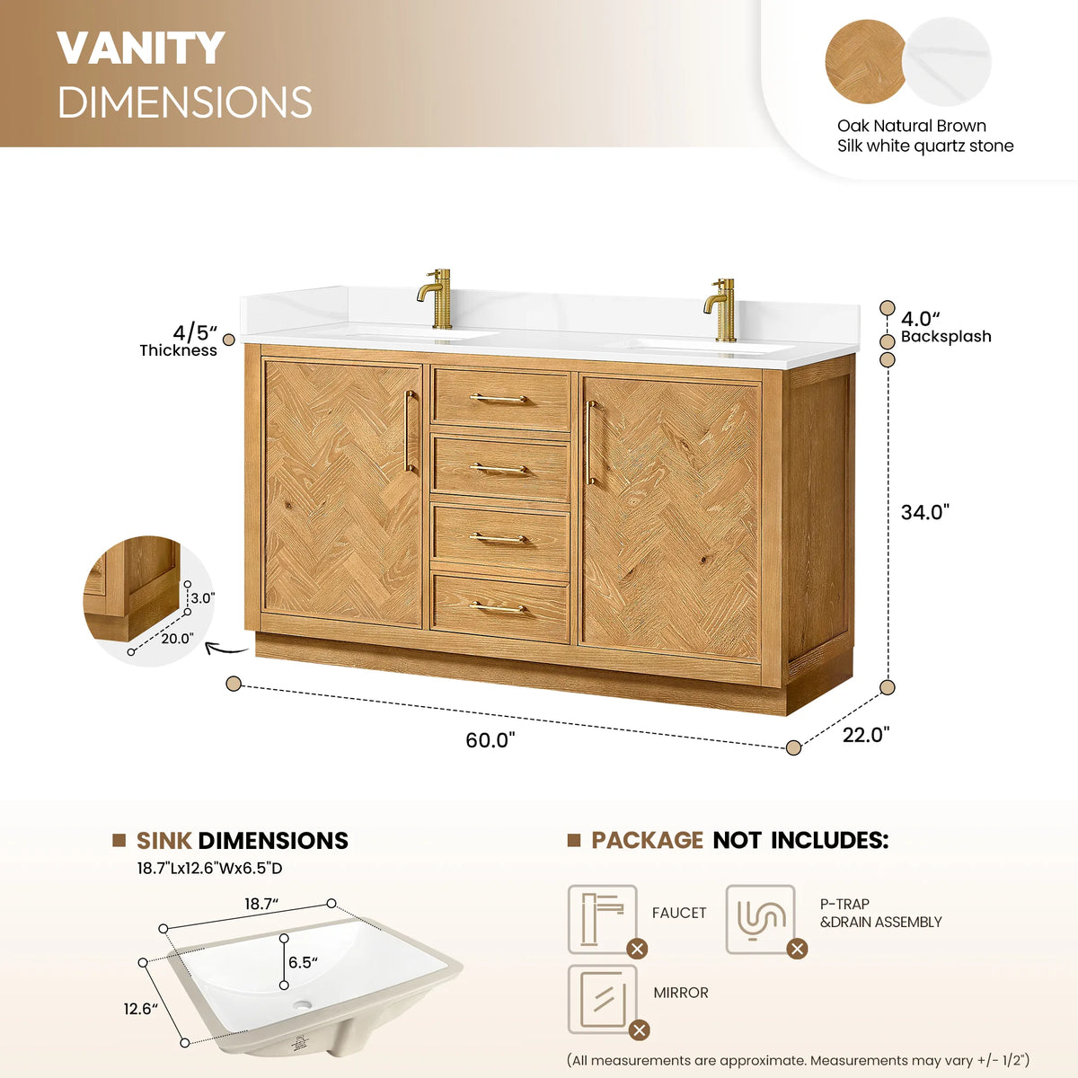 Size diagram for the 60-inch Oak Natural Brown double, with quartz backsplash thickness and sink dimensions