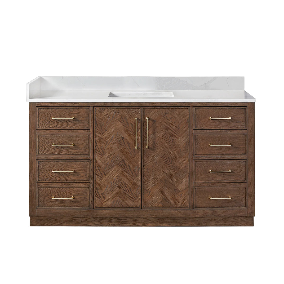 Front view of the 60-inch freestanding single bathroom vanity in Aged Dark Brown Oak, quartz top and backsplash