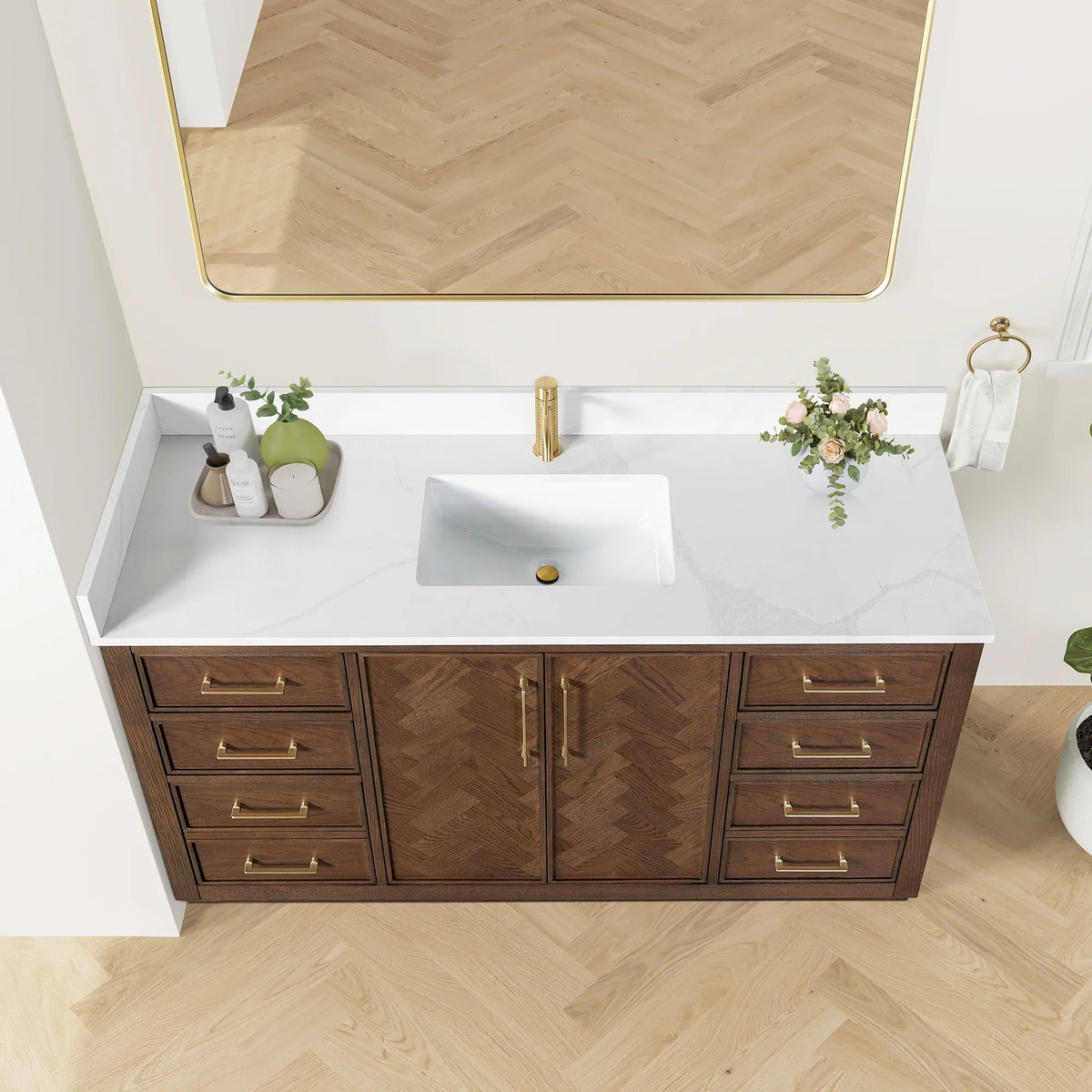 High-angle shot of the 60-inch single vanity, with a long white top and backsplash above the drawer banks and doors
