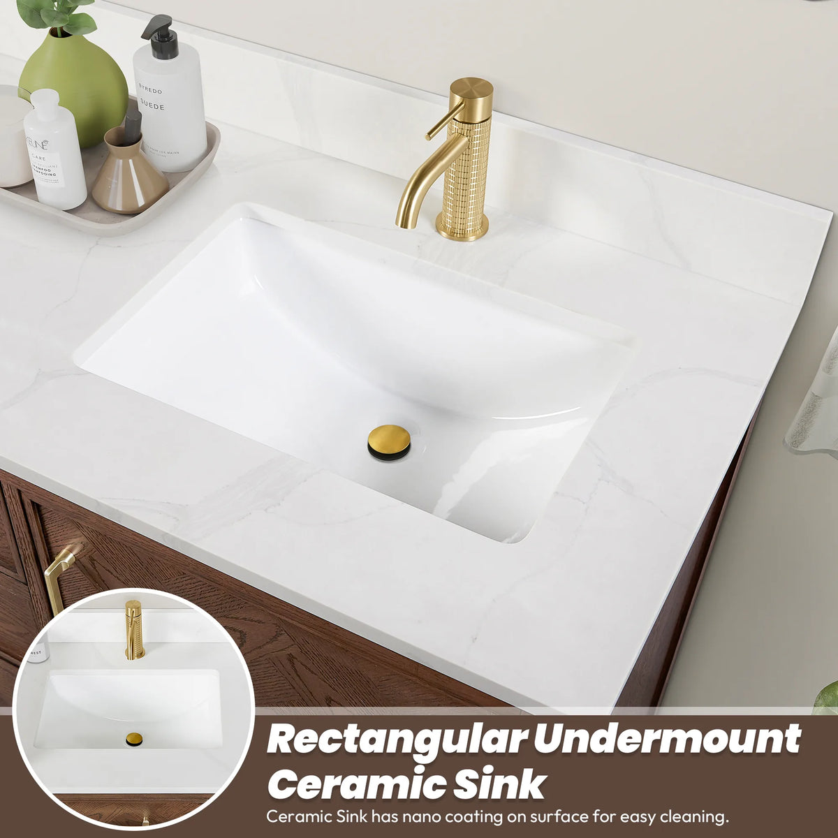 Close look at a white basin set into veined stone, with a gold faucet and a small inset of the sink