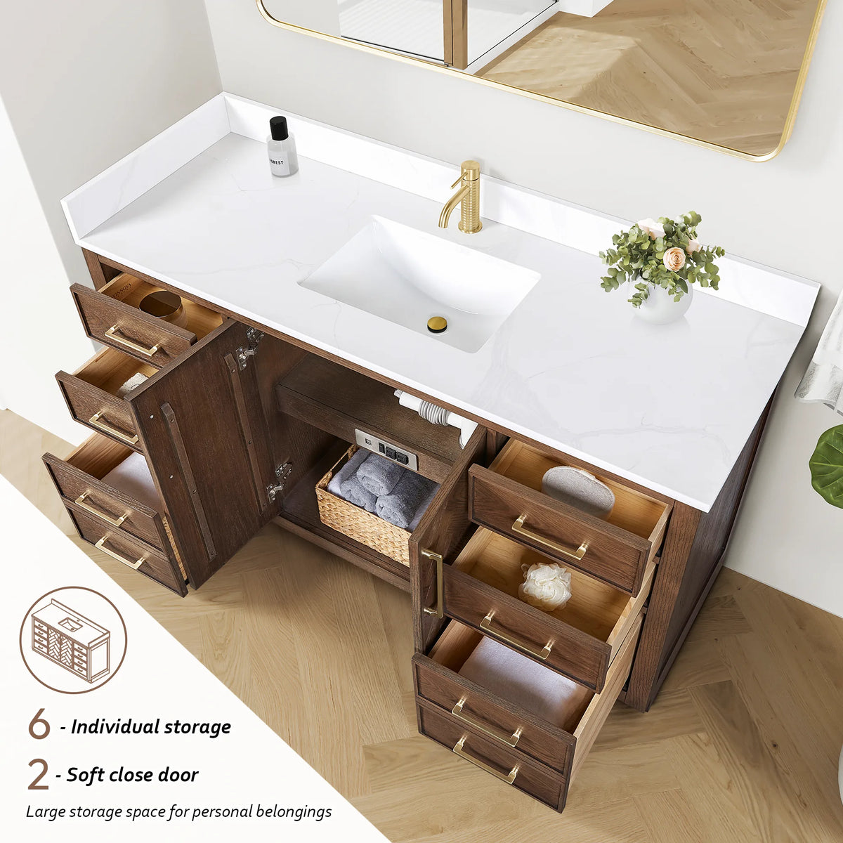Storage graphic for the 60-inch vanity showing the open cabinet and a shelf with a basket, plus the drawer banks
