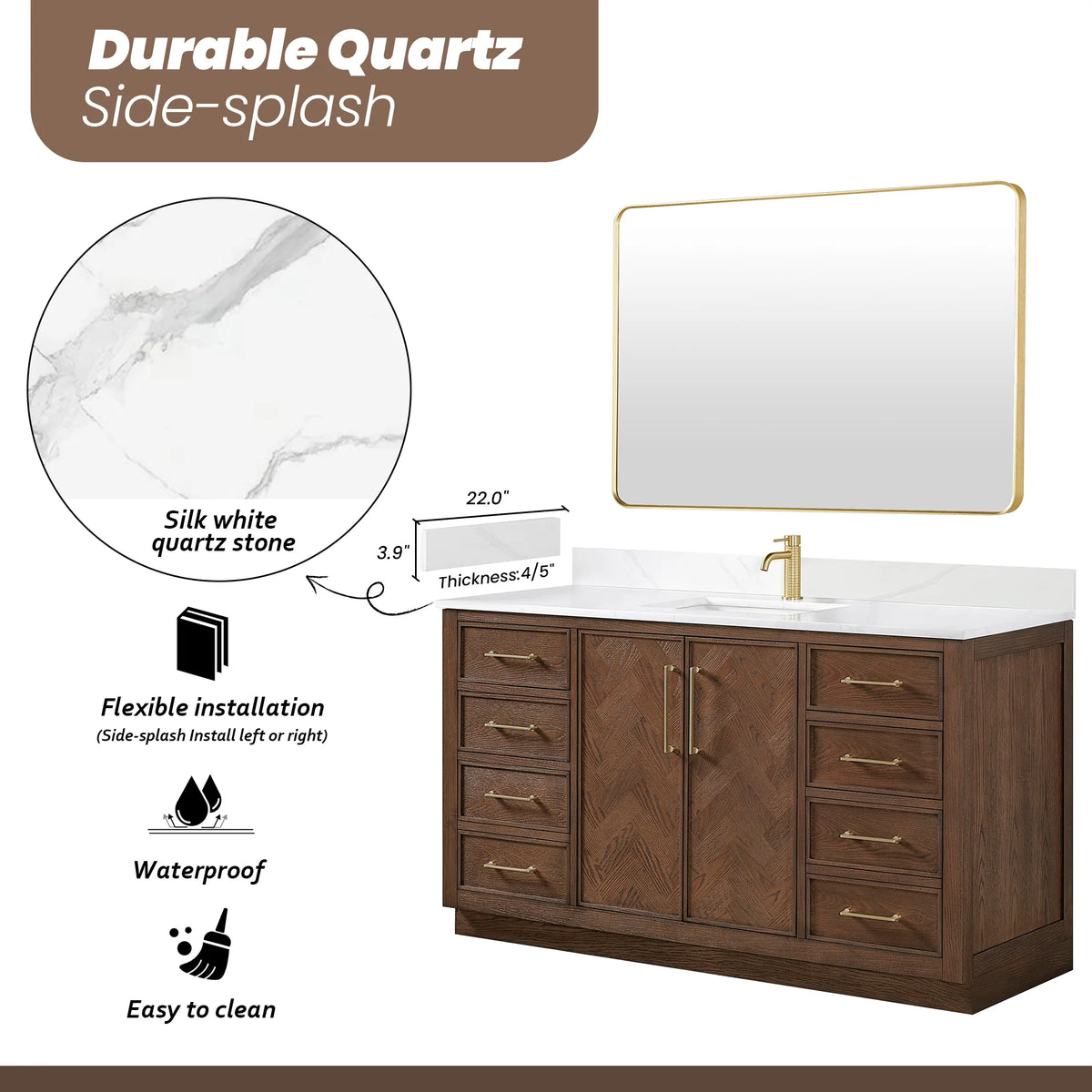 Silk White Quartz swatch and side-splash piece beside the 60-inch vanity, with a large mirror above it