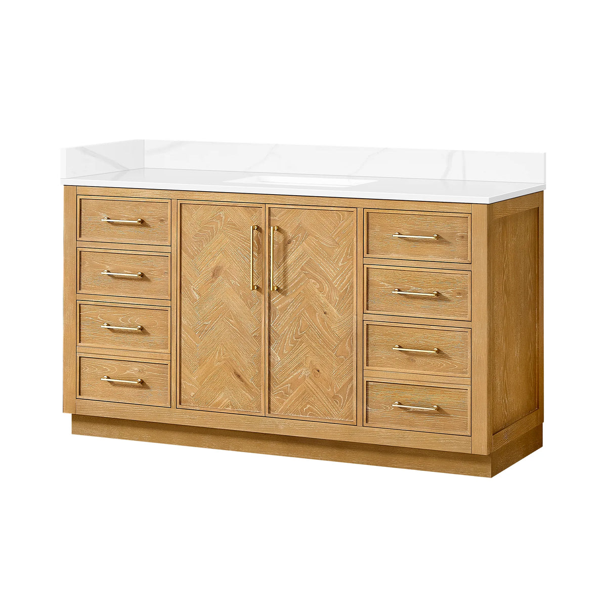 Angled studio view of the 60-inch freestanding single bathroom vanity in Oak Natural Brown, quartz backsplash top