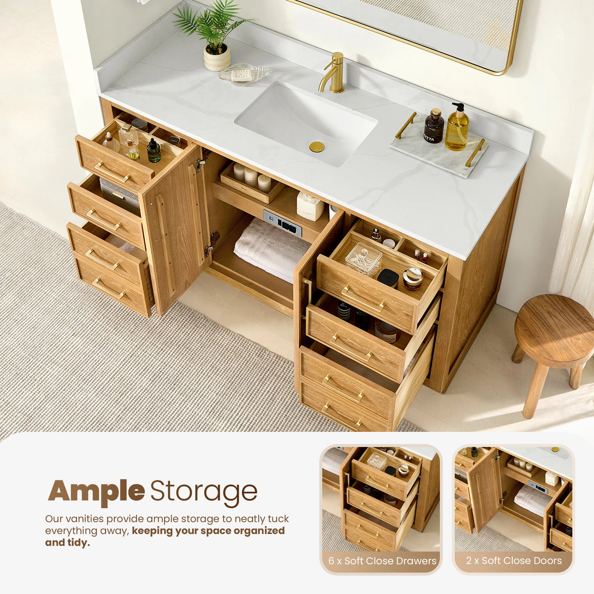 Open storage on the 60-inch single vanity: swung door and shelf with an outlet strip, plus pulled-out drawers and two insets