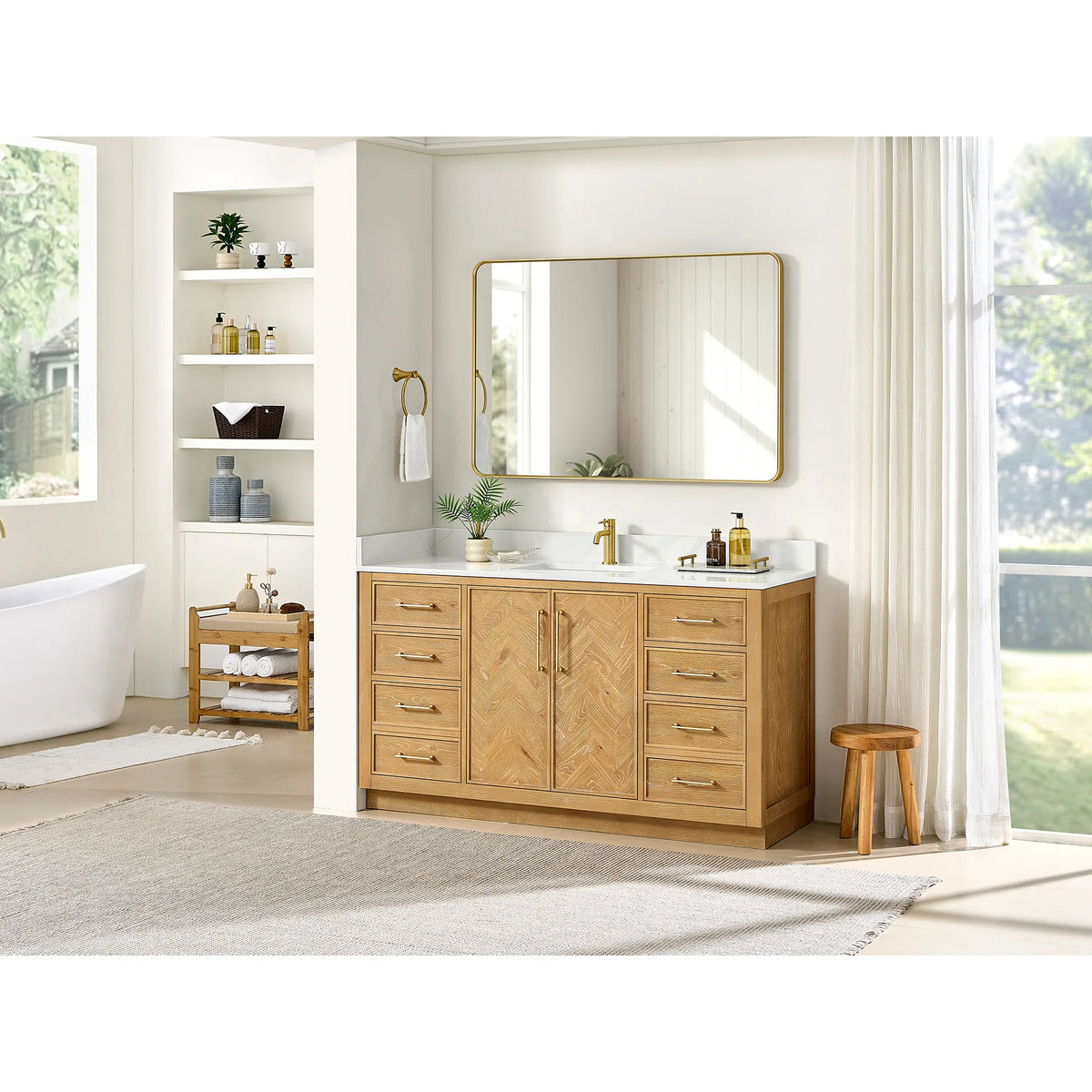 Lifestyle shot of the 60-inch single vanity in window light, with a plant and a tray of bottles on the top