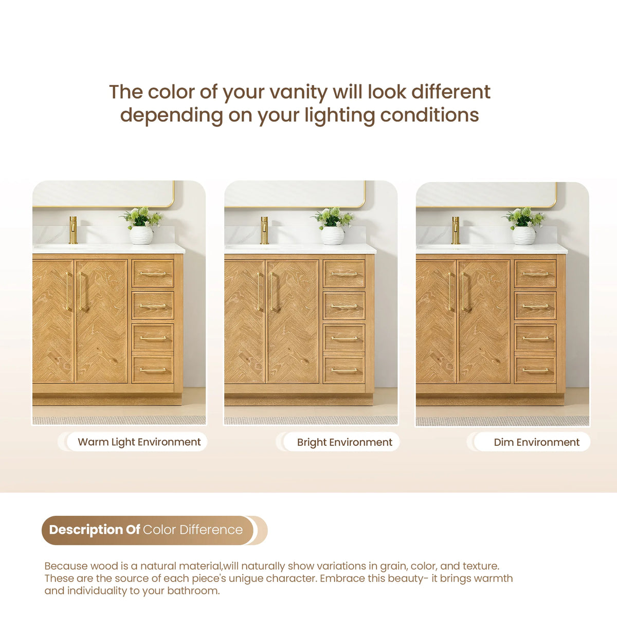 Color difference guide for the Oak Natural Brown finish across three lighting conditions
