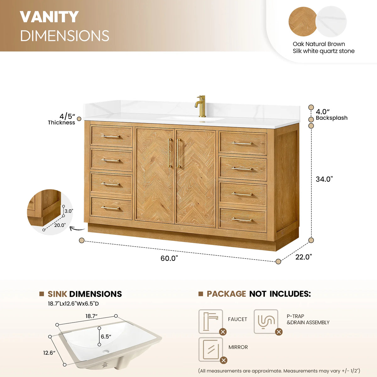 Size diagram for the 60-inch Oak Natural Brown vanity, with quartz backsplash thickness and sink dimensions