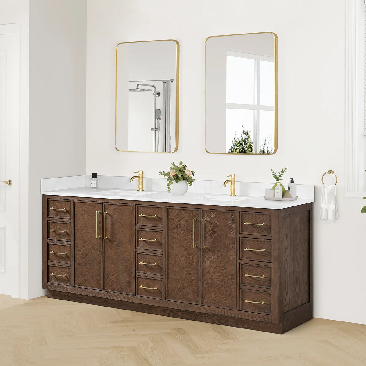 Wide room view of the 84-inch Aged Dark Brown Oak double on a herringbone floor, with a plant and a towel ring nearby