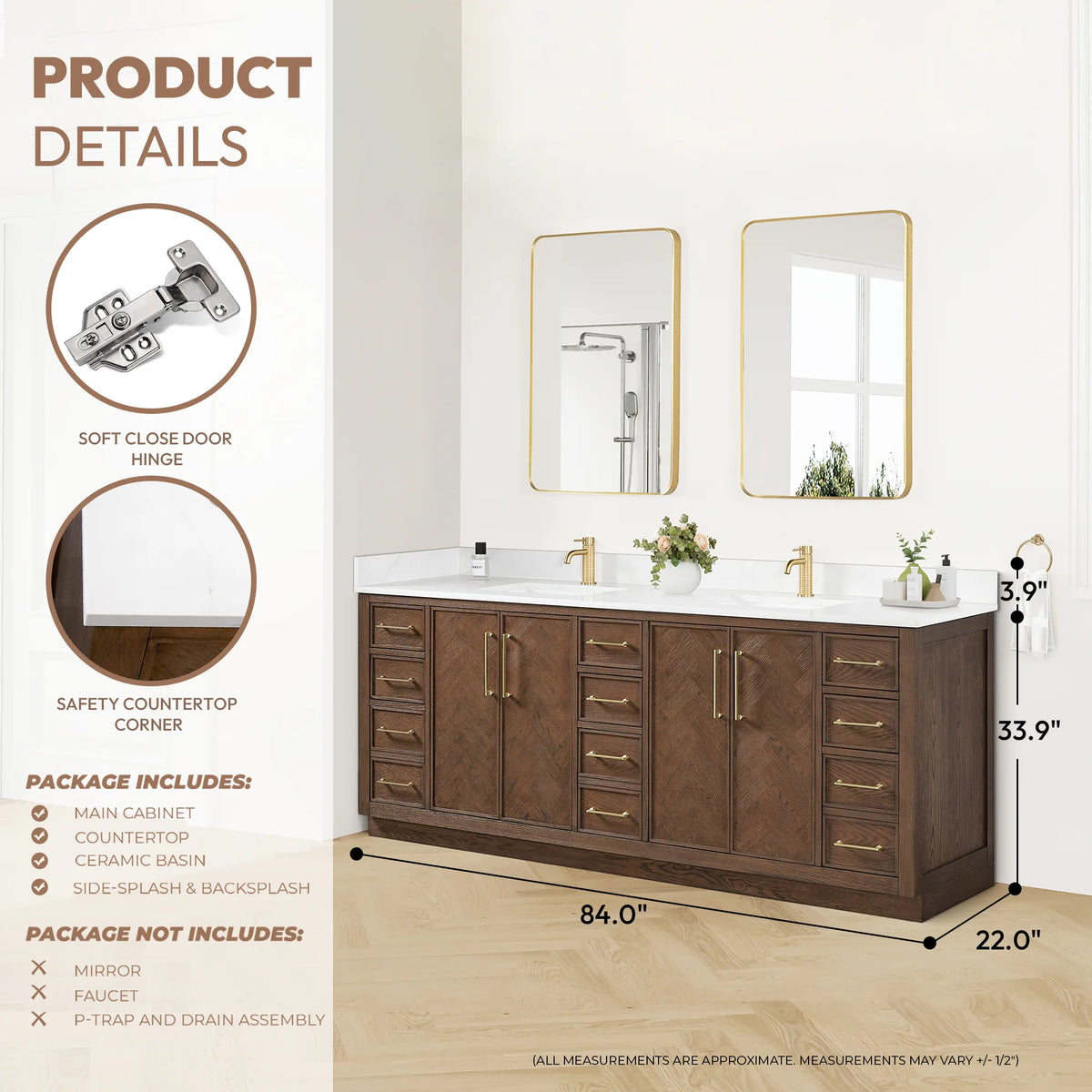 Product details graphic for the 84-inch double, listing cabinet, top, ceramic basins and splash pieces