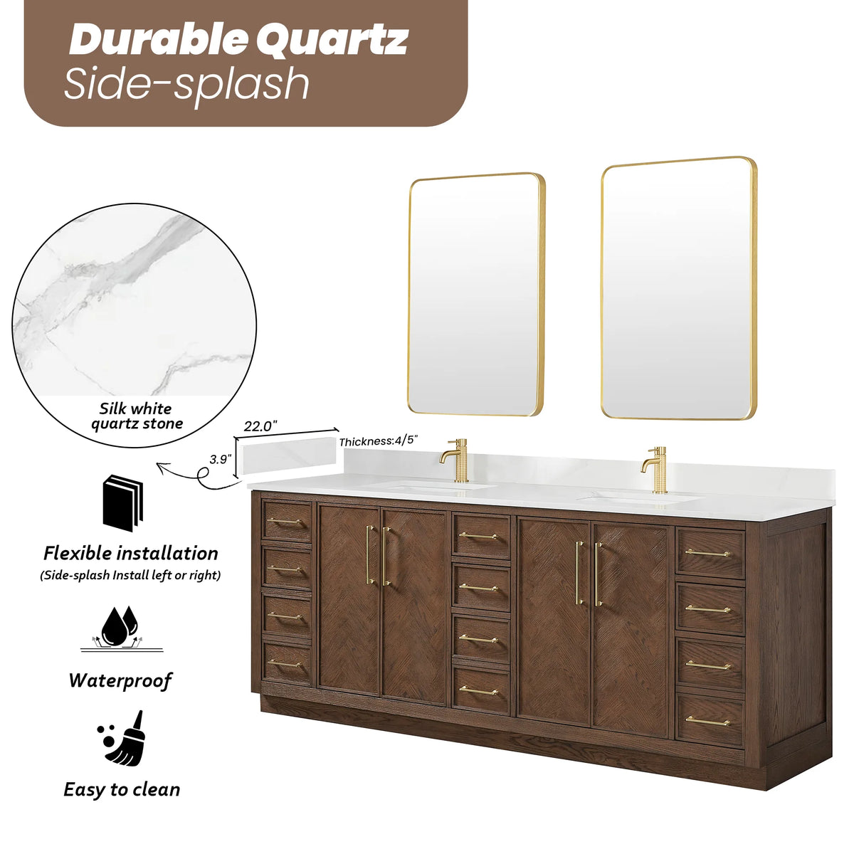 Silk White Quartz swatch with side-splash dimensions, next to the 84-inch double and two gold mirrors